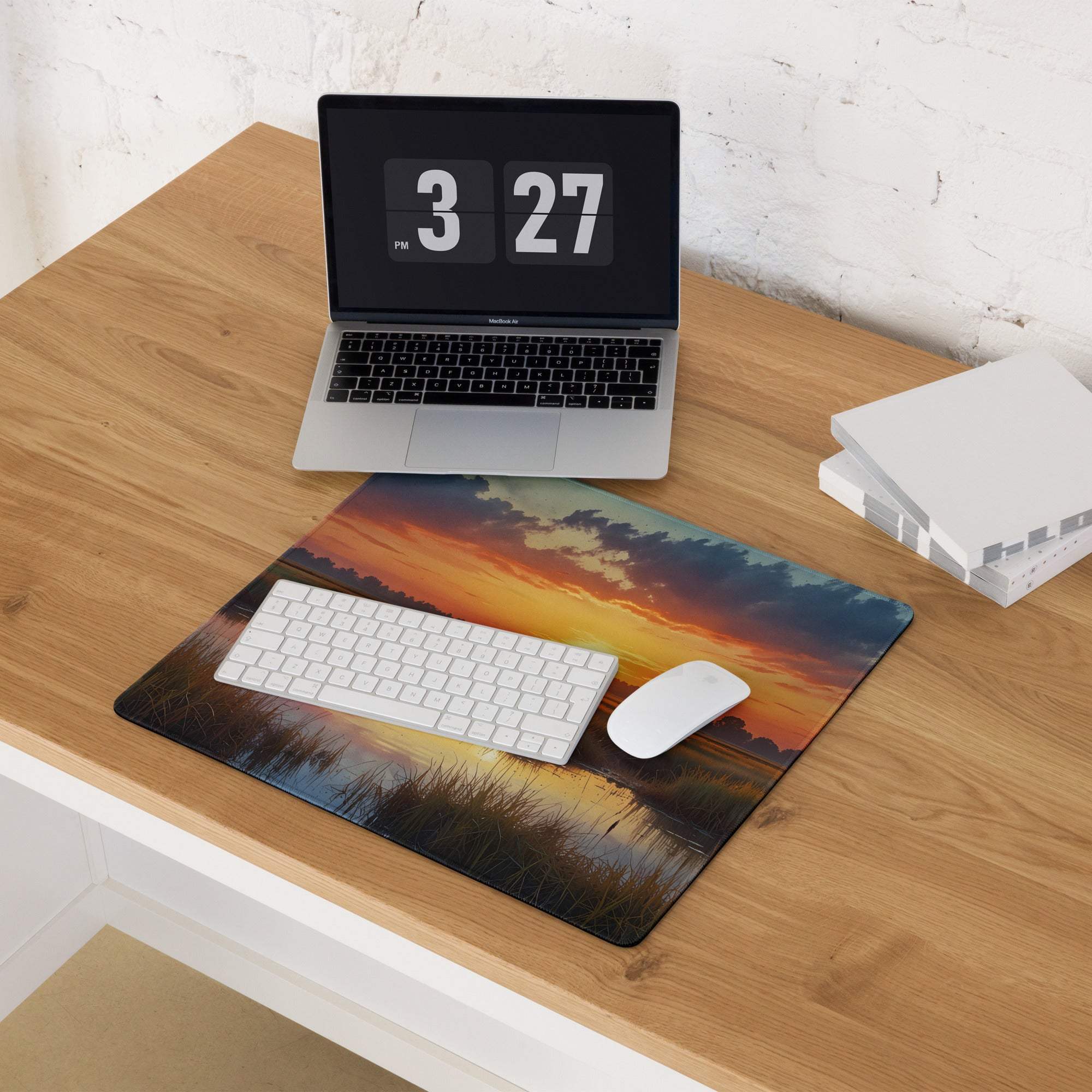 Large Sunset Landscape Gaming Mouse Pad with Vibrant Orange Sky Over Grass