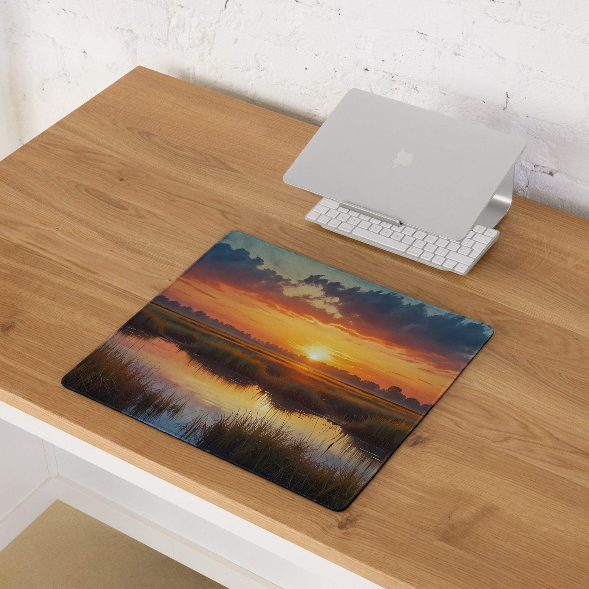 Large sunset landscape gaming mouse pad with vibrant water view, tall grass, non-slip surface