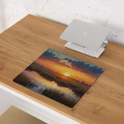 Large sunset landscape gaming mouse pad with vibrant water view, tall grass, non-slip surface