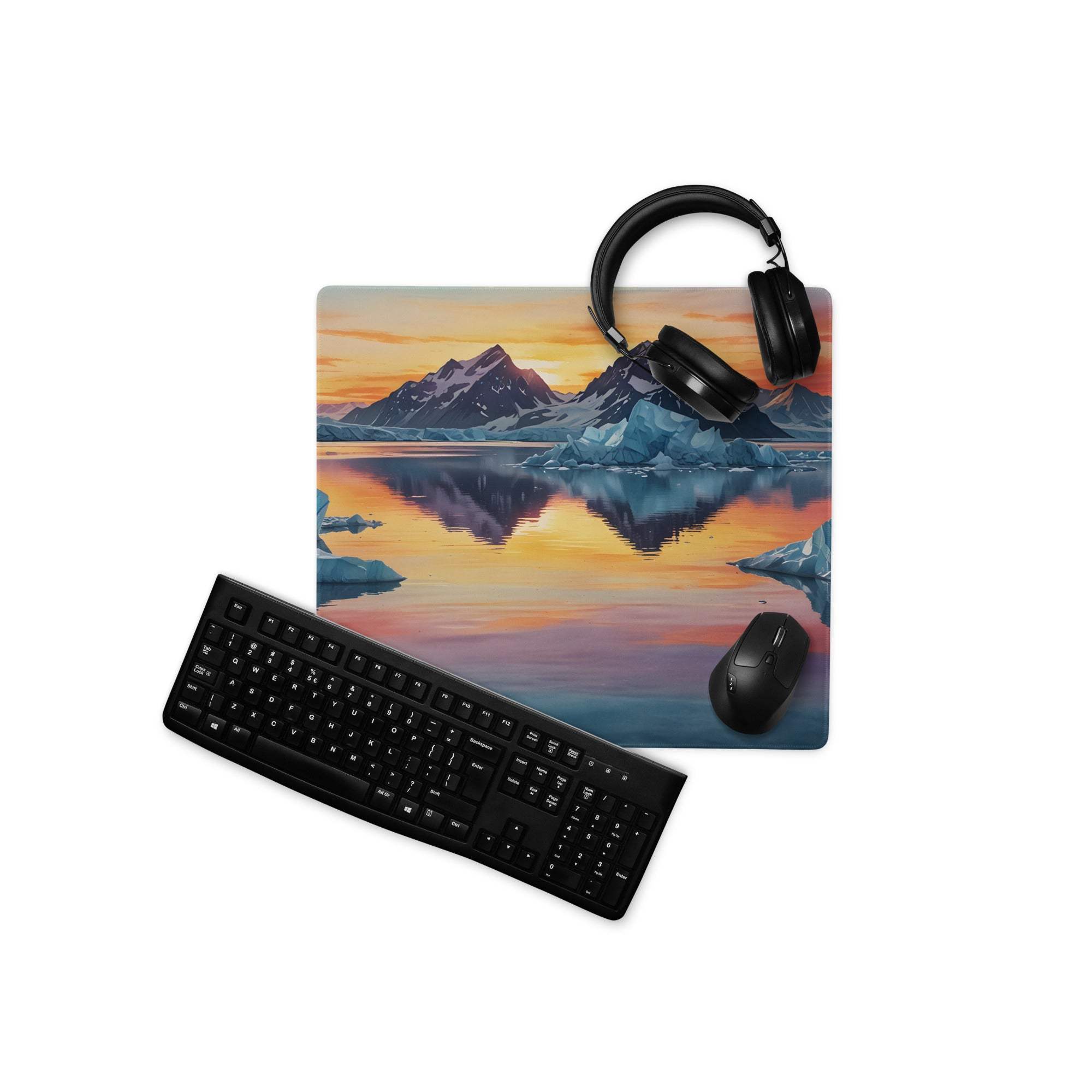 Premium vibrant ice mountain sunset gaming mouse pad with headphones