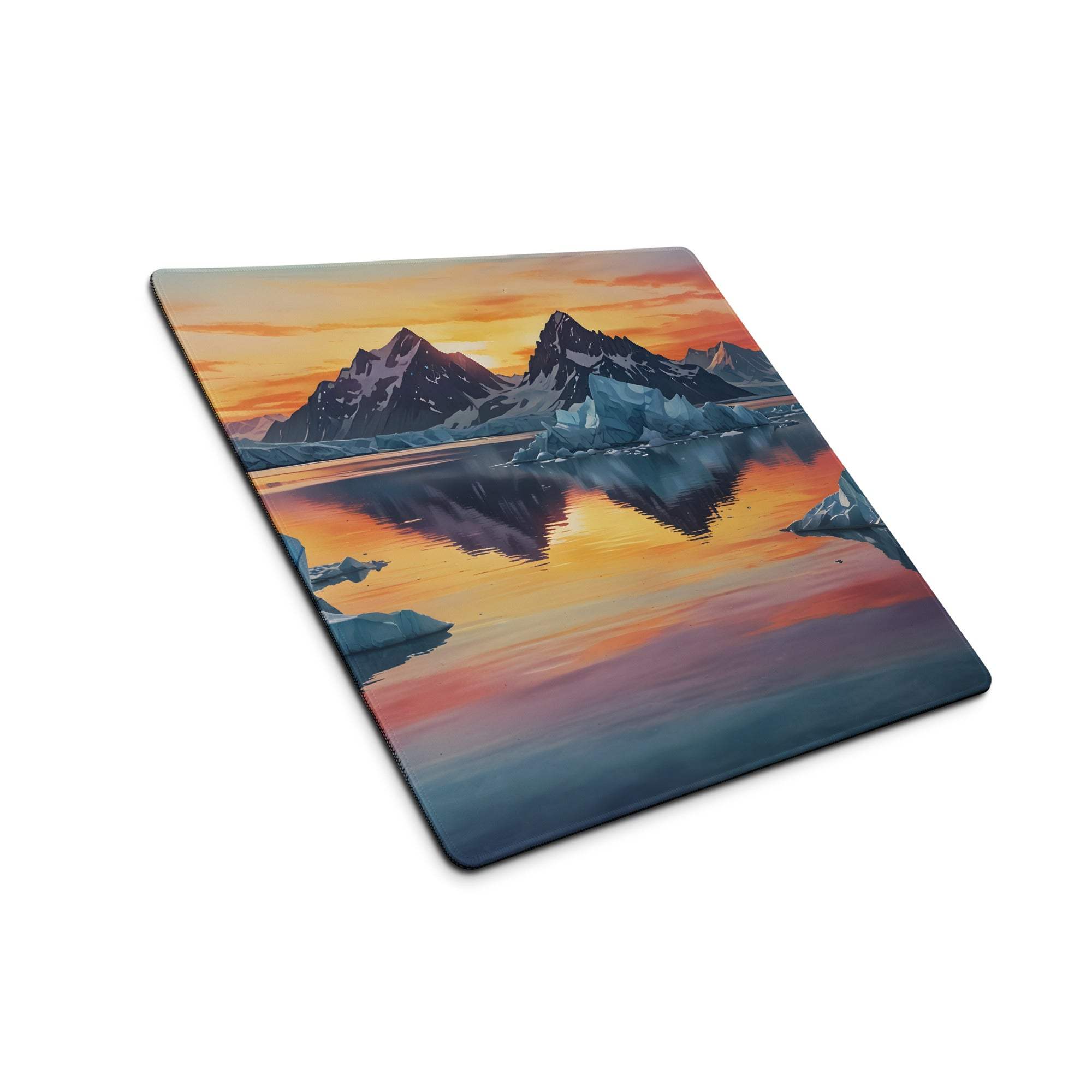 Premium vibrant ice mountain sunset gaming mouse pad with non-slip base