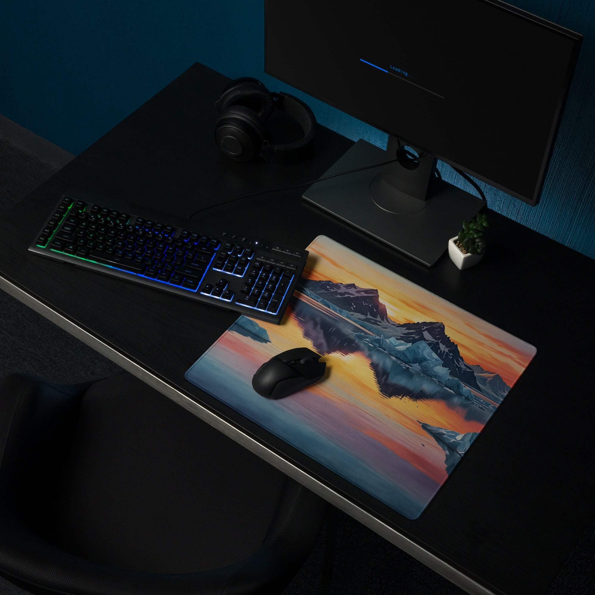 Premium vibrant ice mountain sunset gaming mousepad with non-slip base