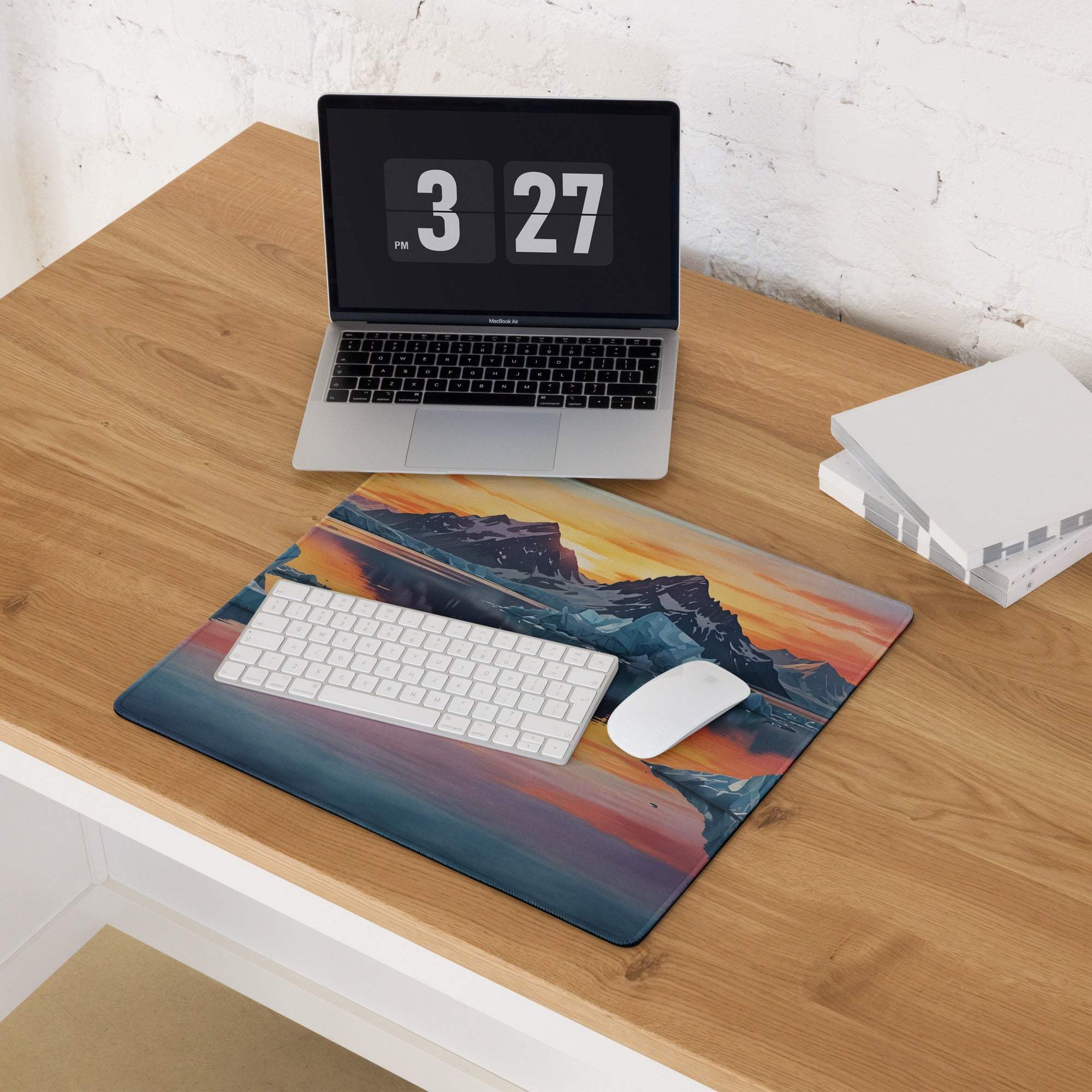 Premium vibrant ice mountain sunset gaming mouse pad with non-slip base