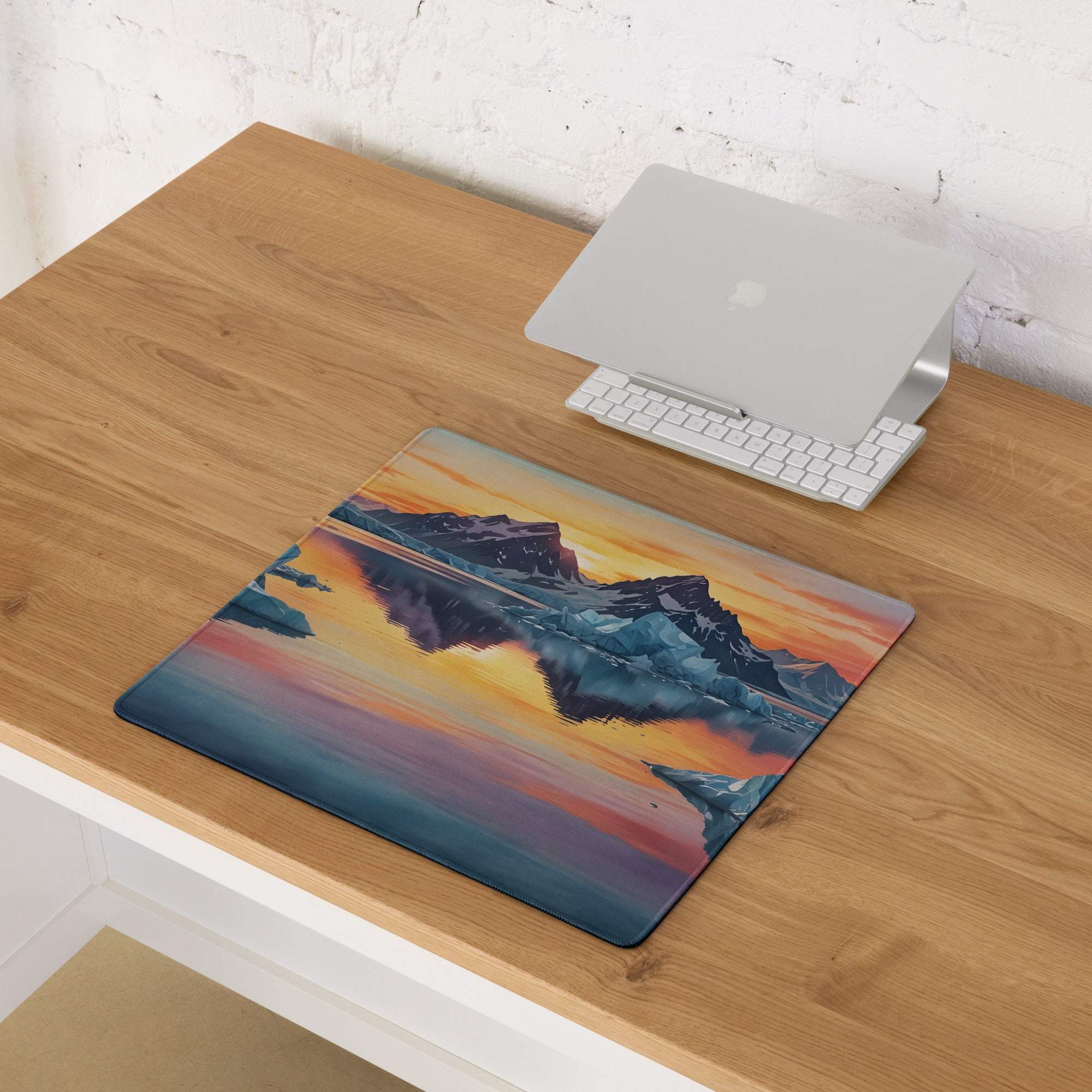 Premium vibrant ice mountain sunset gaming mouse pad with non-slip base