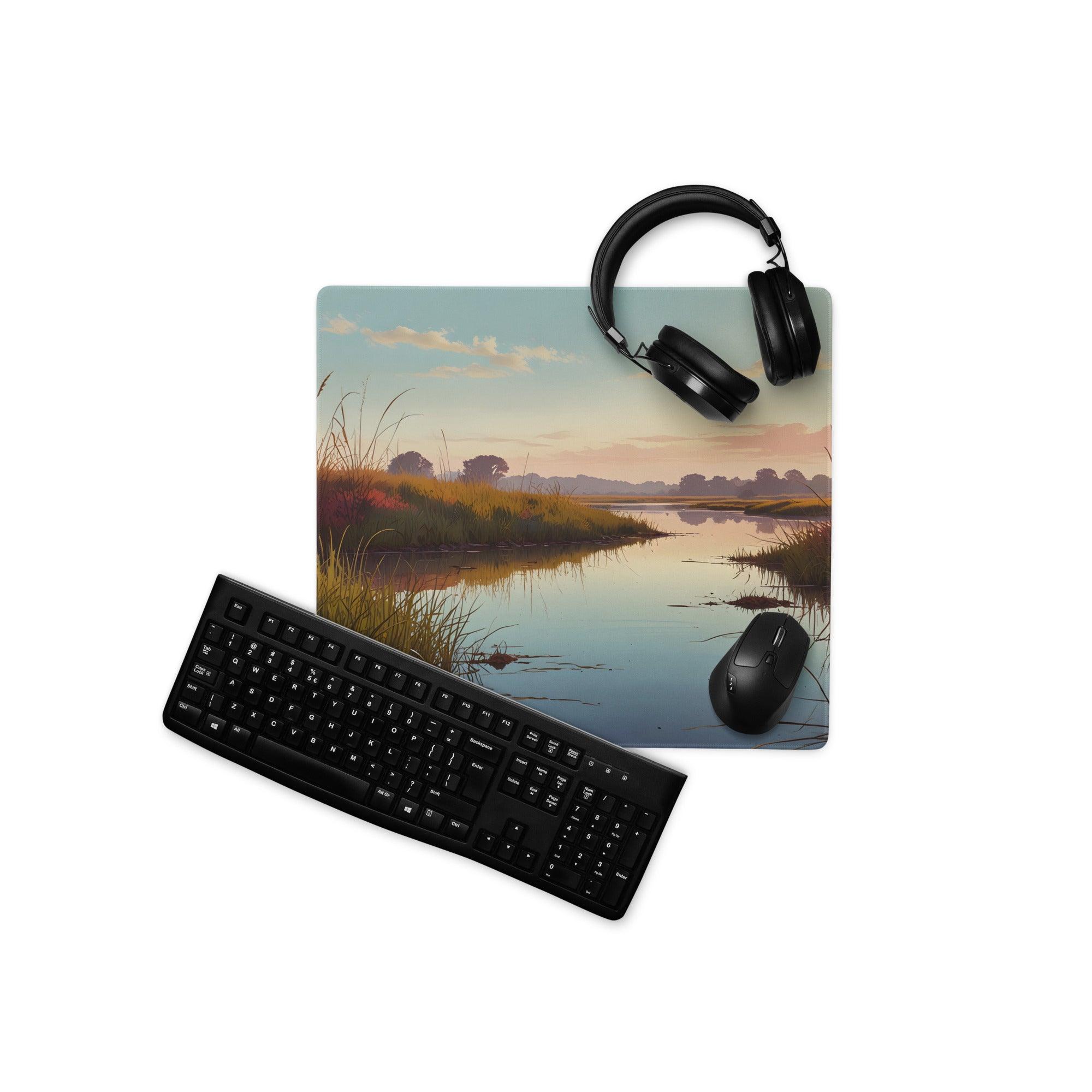 Serene sunset river landscape gaming mouse pad with non-slip base