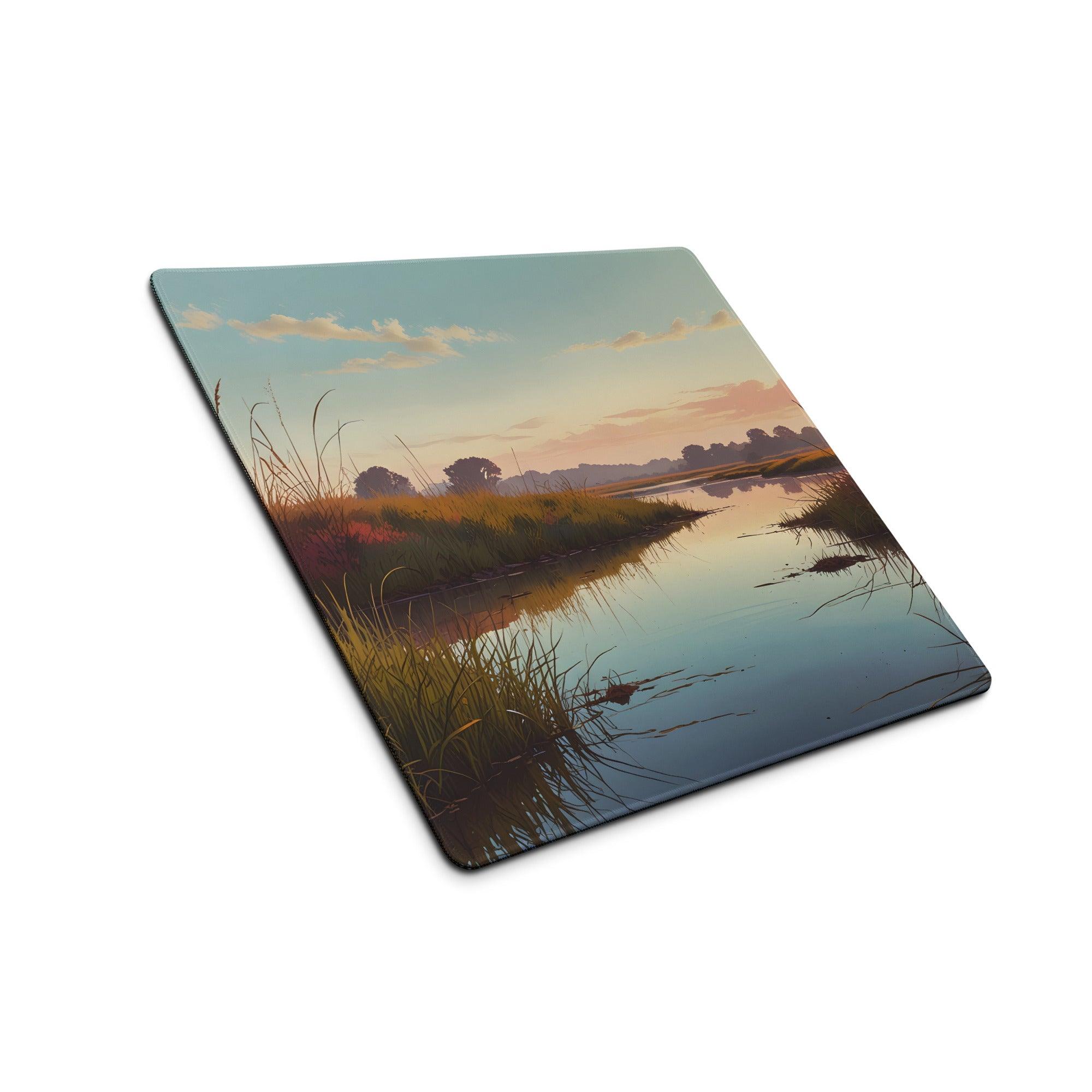 Serene sunset over water coaster on glossy mouse pad, non-slip base
