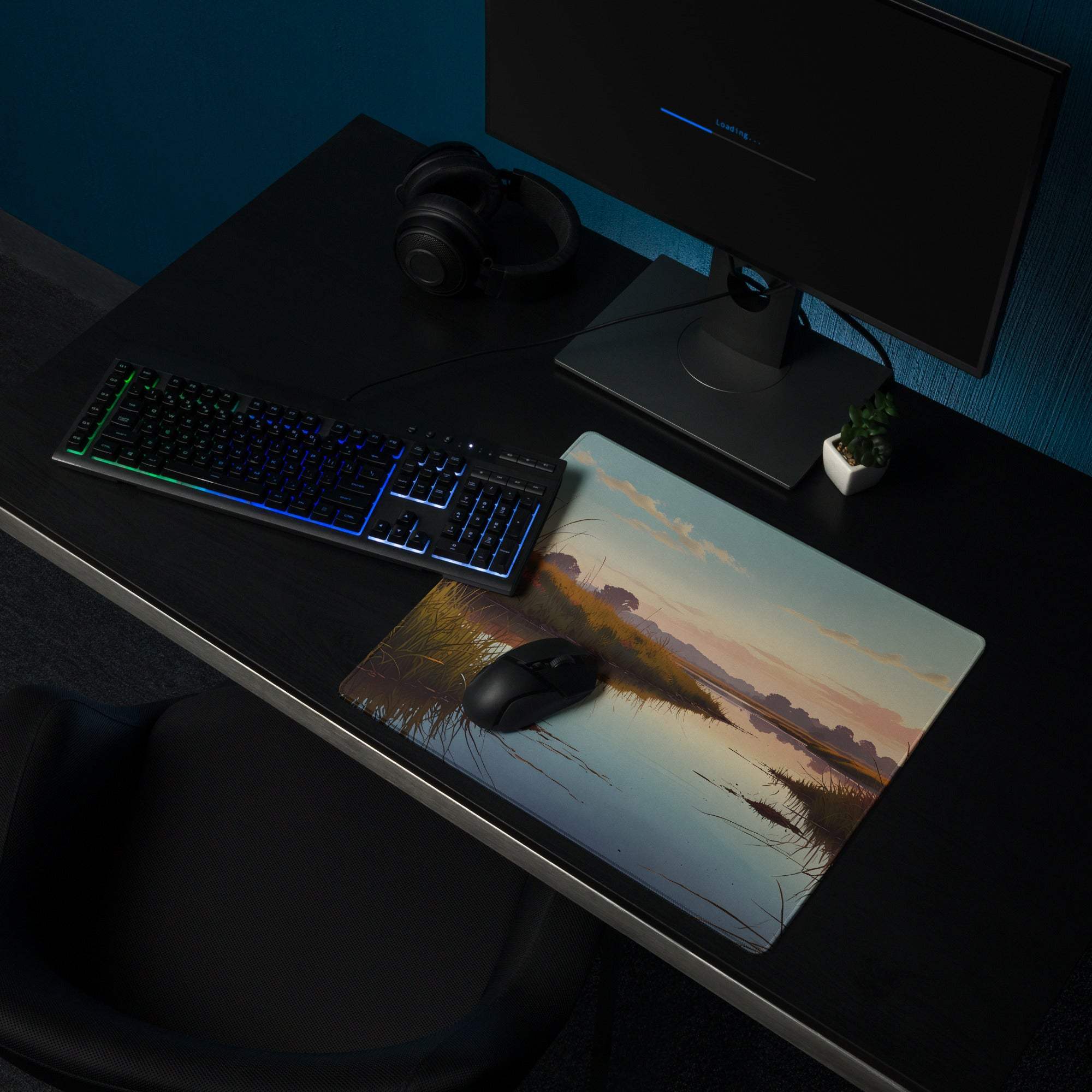 Serene sunset river landscape gaming mouse pad with non-slip base