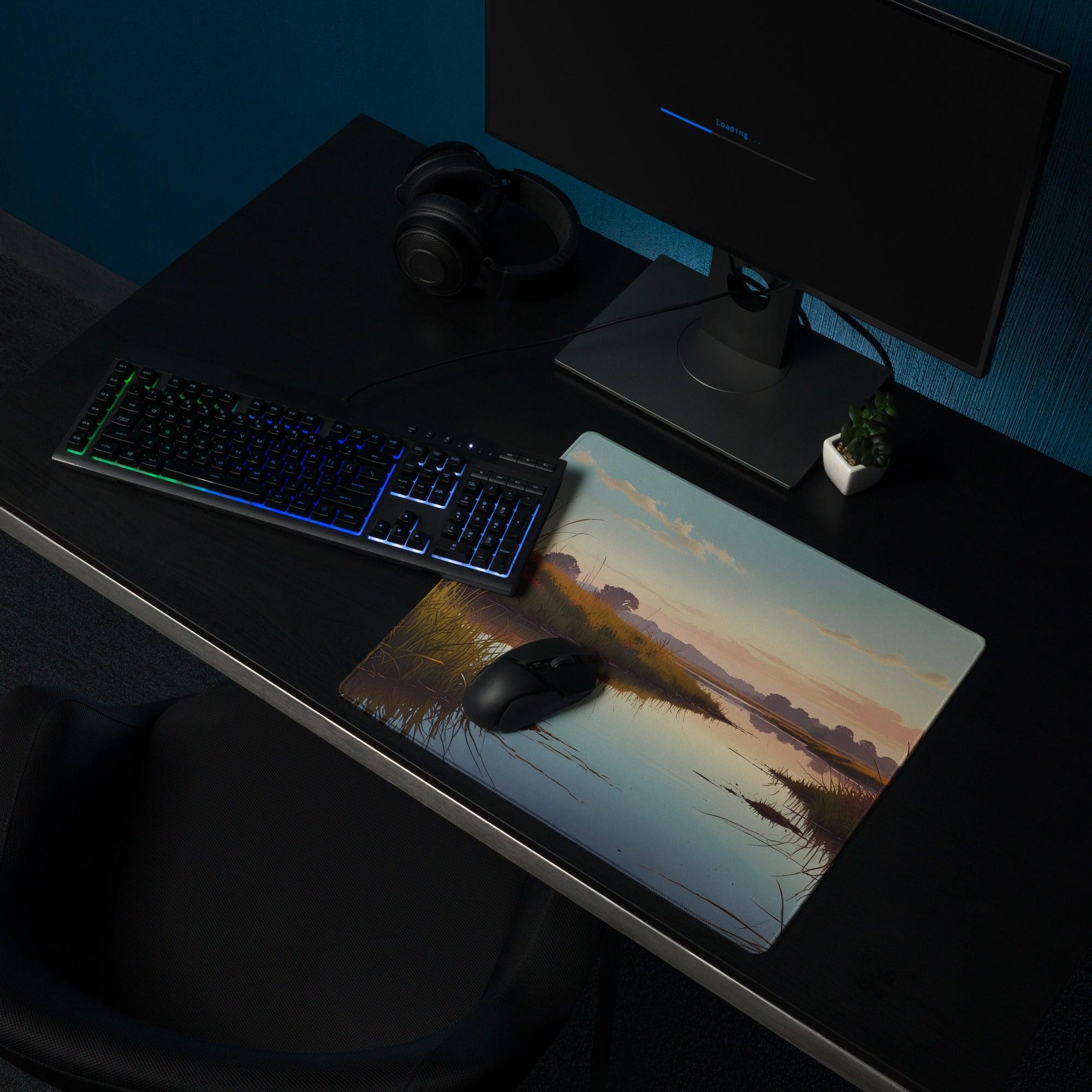 Serene sunset river landscape gaming mouse pad with non-slip base