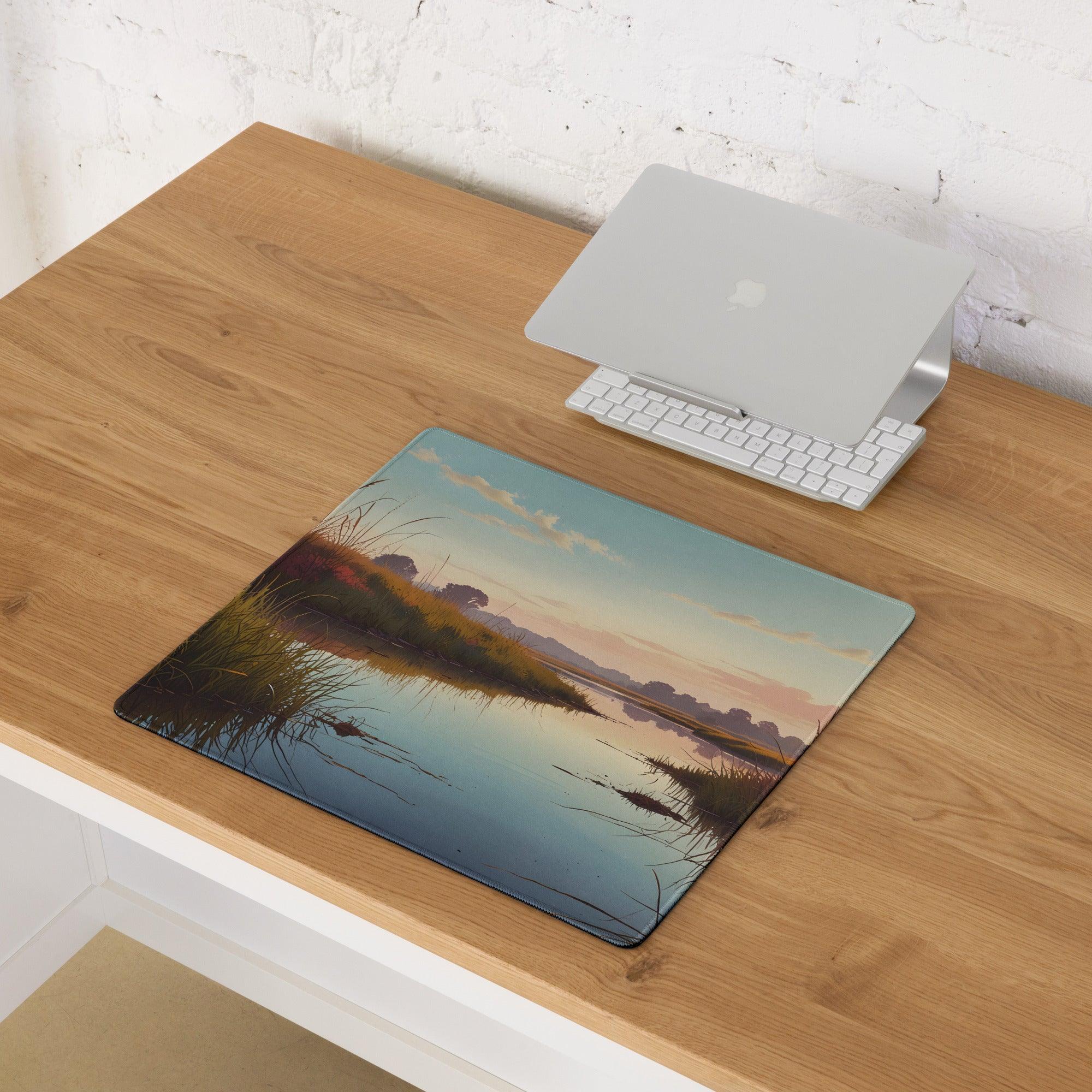 Serene sunset river landscape gaming mouse pad with non-slip base