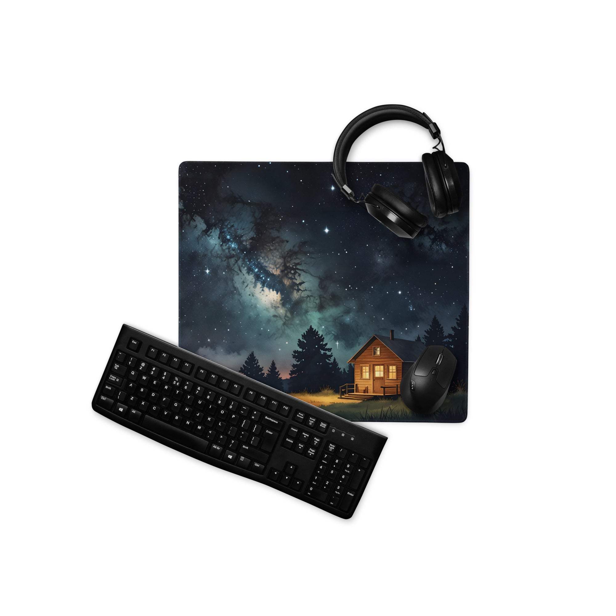 Black matte finish keyboard on Dreamy Night Sky Forest Cabin mouse pad