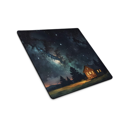 Dreamy night sky forest cabin gaming mouse pad with warm lit house, stars, trees