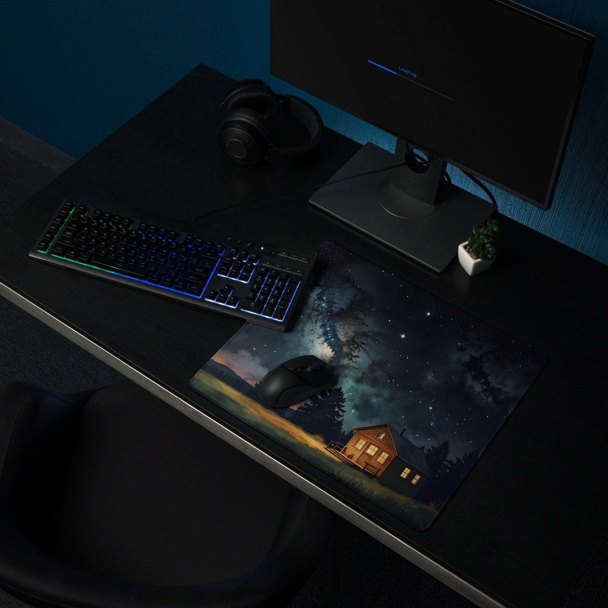 Dreamy night sky forest cabin large gaming mouse pad with starry scene