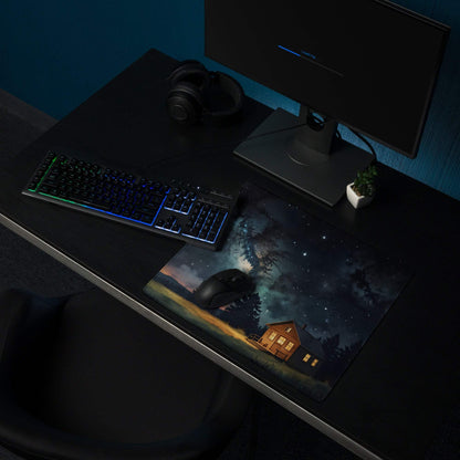 Dreamy night sky forest cabin large gaming mouse pad with starry scene