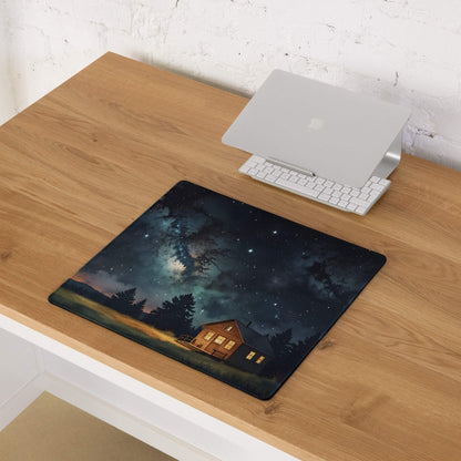 Dreamy night sky forest cabin gaming mouse pad with cozy house design