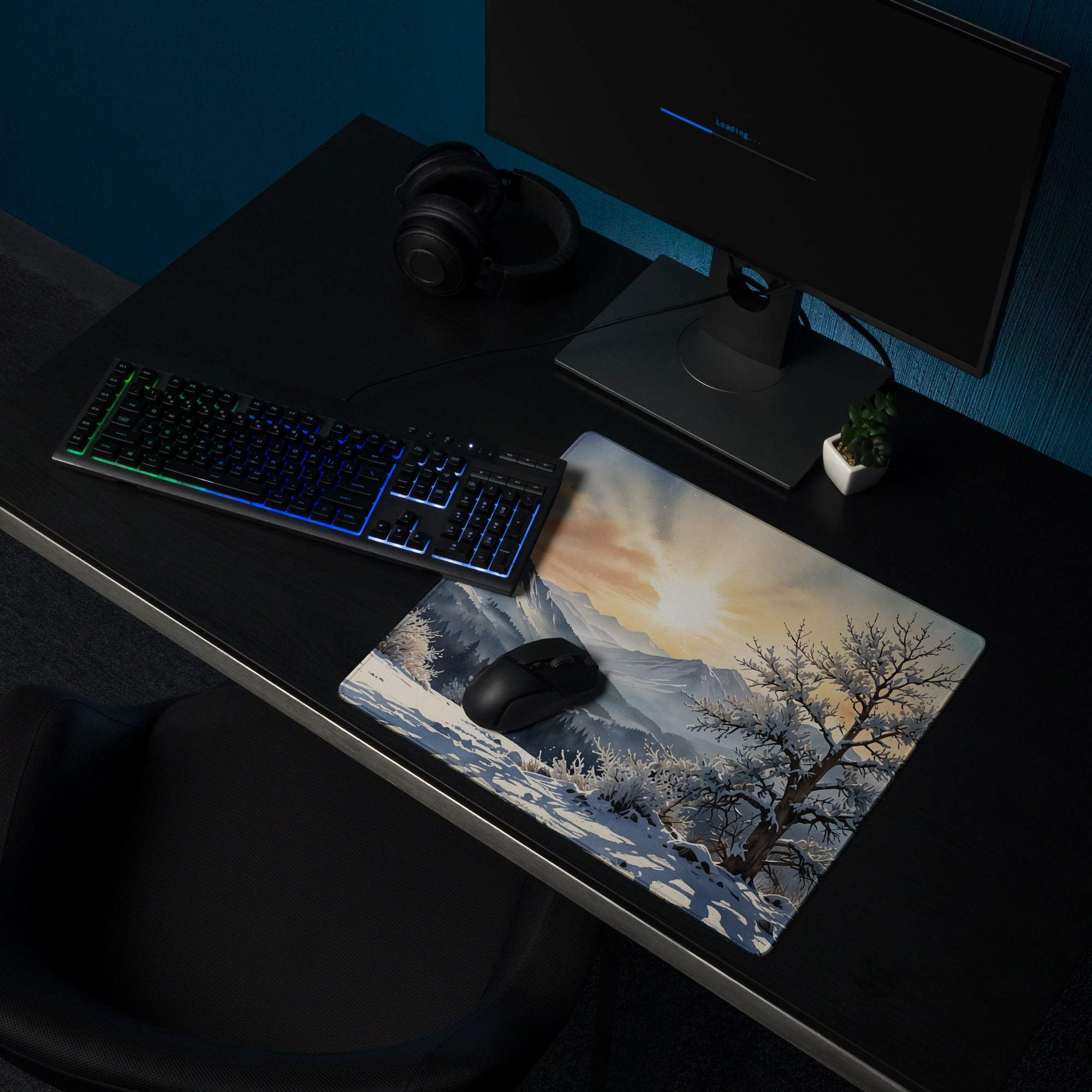 Winter sunrise mountain landscape gaming mouse pad with snow-covered peaks