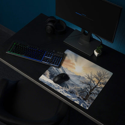 Winter sunrise mountain landscape gaming mouse pad with snow-covered peaks