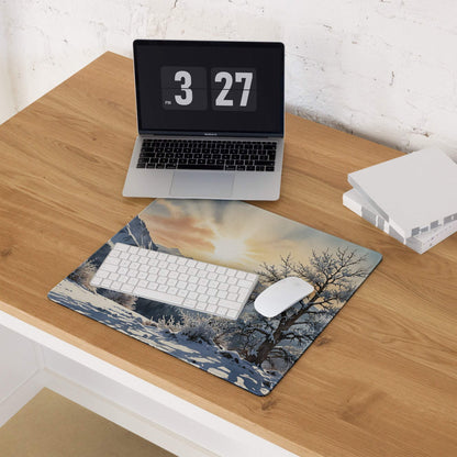 Winter sunrise mountain landscape gaming mouse pad with snow-covered peaks