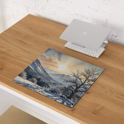 Winter sunrise mountain landscape gaming mouse pad with snow peaks