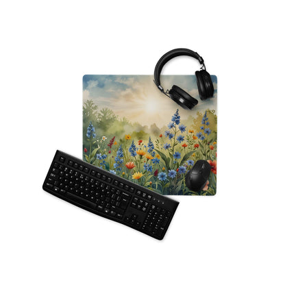 Sunrise Meadow floral gaming mouse pad with watercolor wildflowers meadow