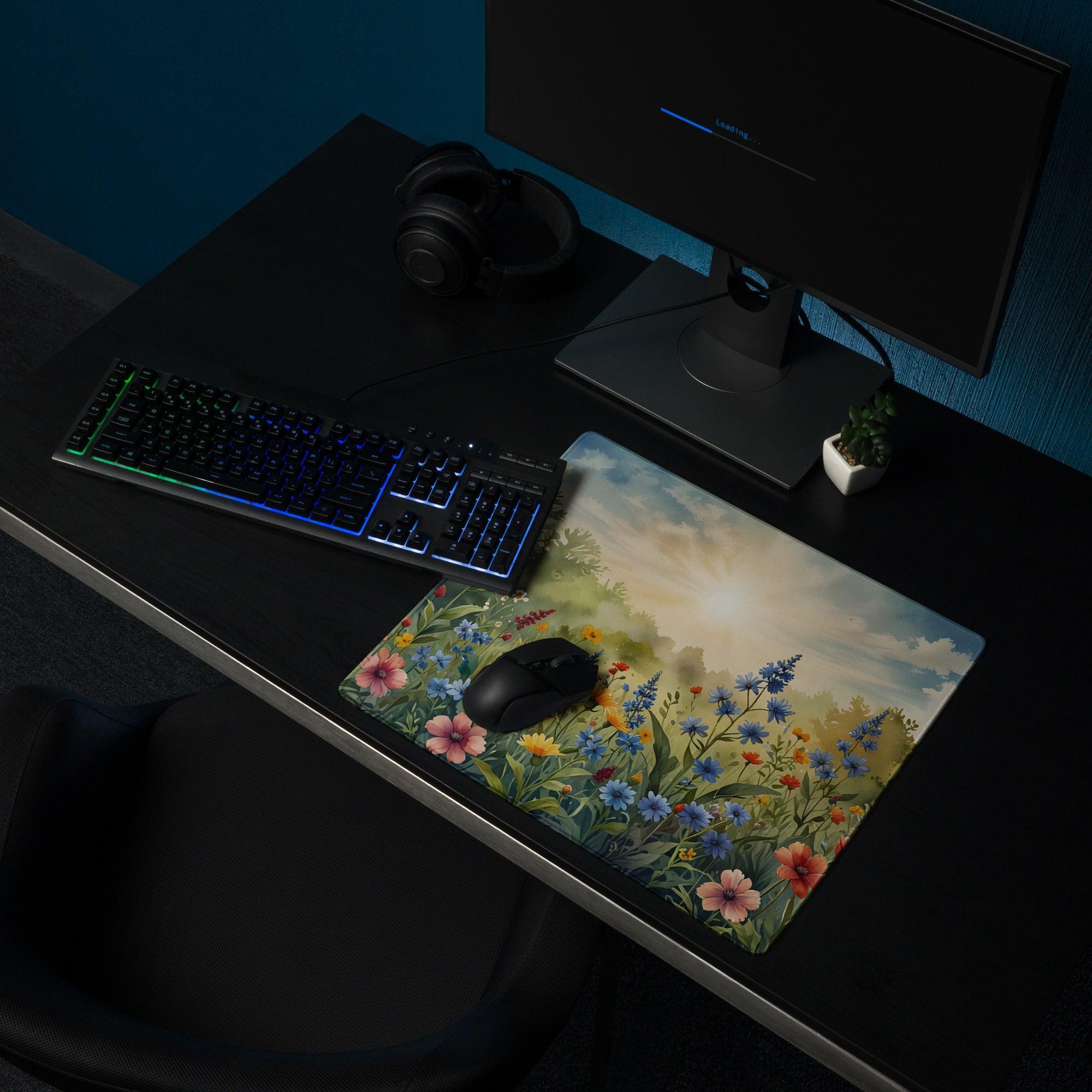 Sunrise Meadow floral gaming mouse pad with sunlit wildflowers