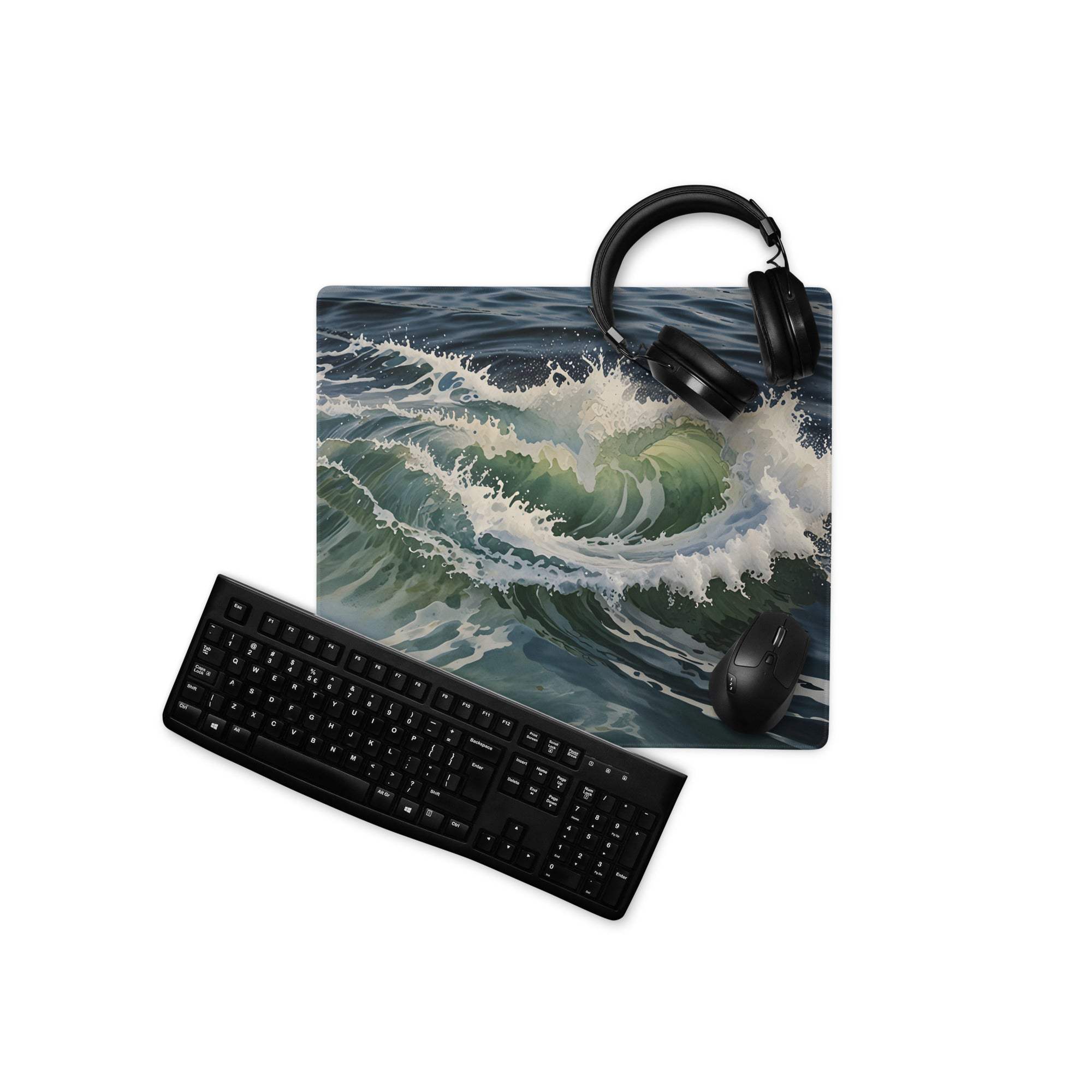 Dynamic Ocean Wave large non-slip gaming mouse pad in green, blue, white