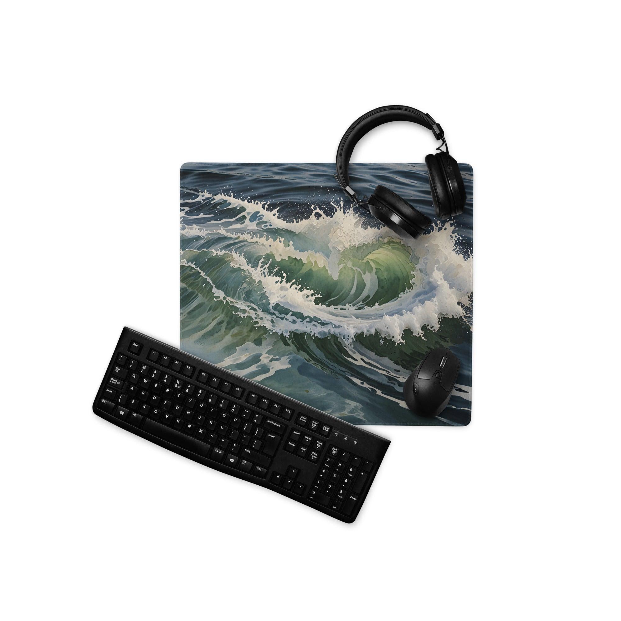 Dynamic Ocean Wave large non-slip gaming mouse pad in green, blue, white