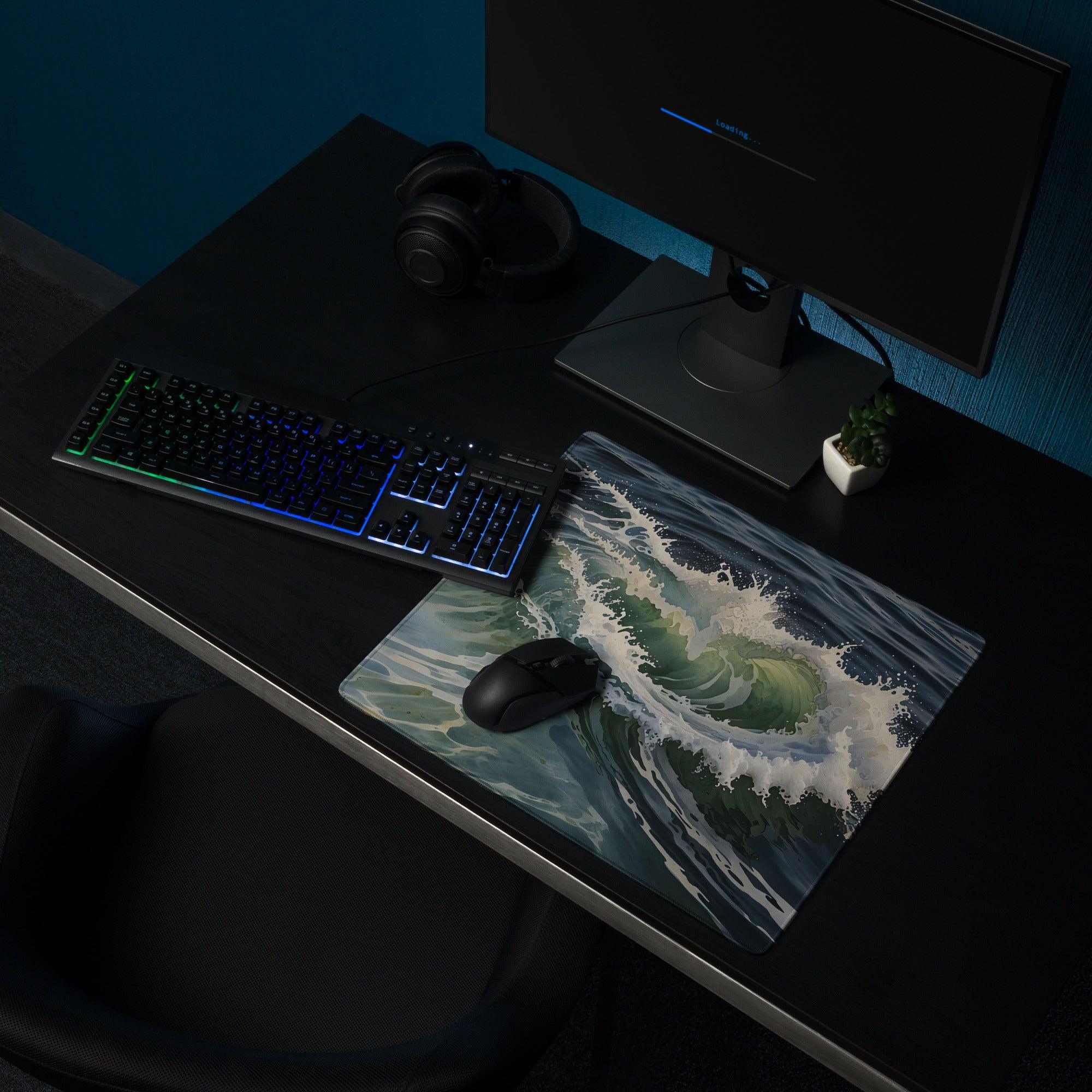 Dynamic ocean wave green gaming mouse pad, large non-slip surface