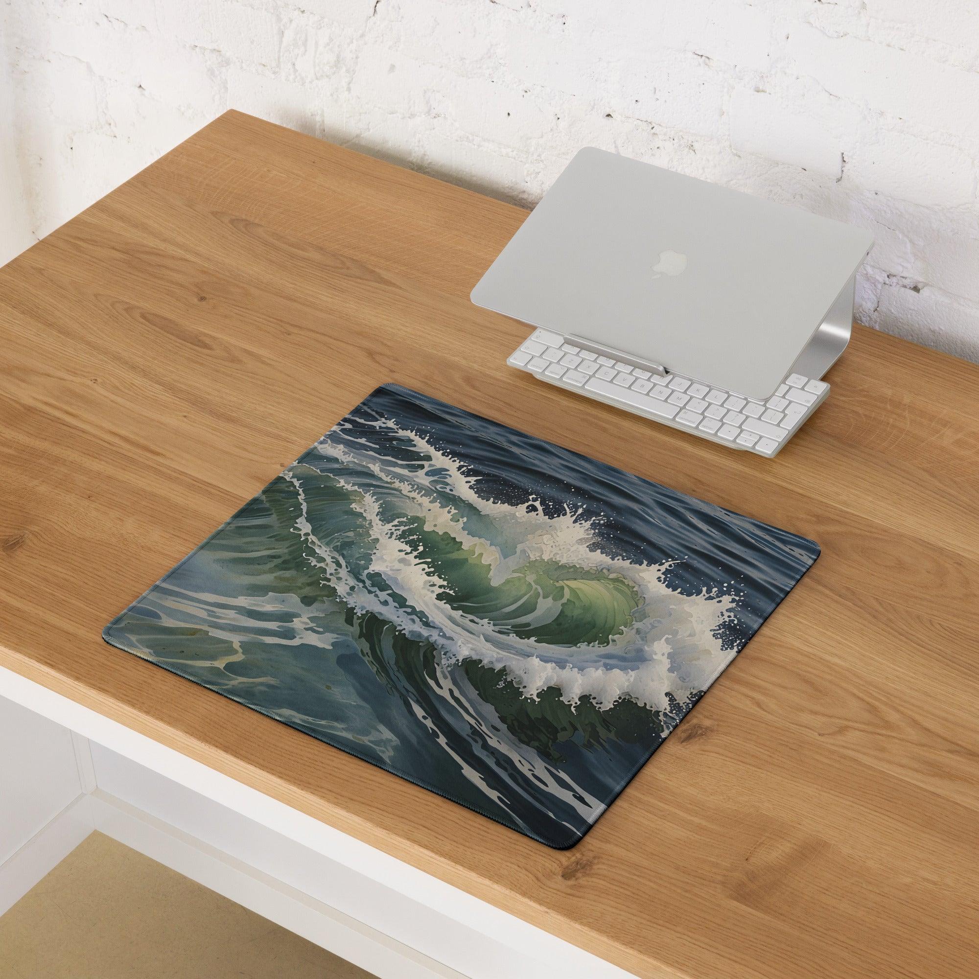 Dynamic ocean wave gaming mouse pad with green white waves on deep blue