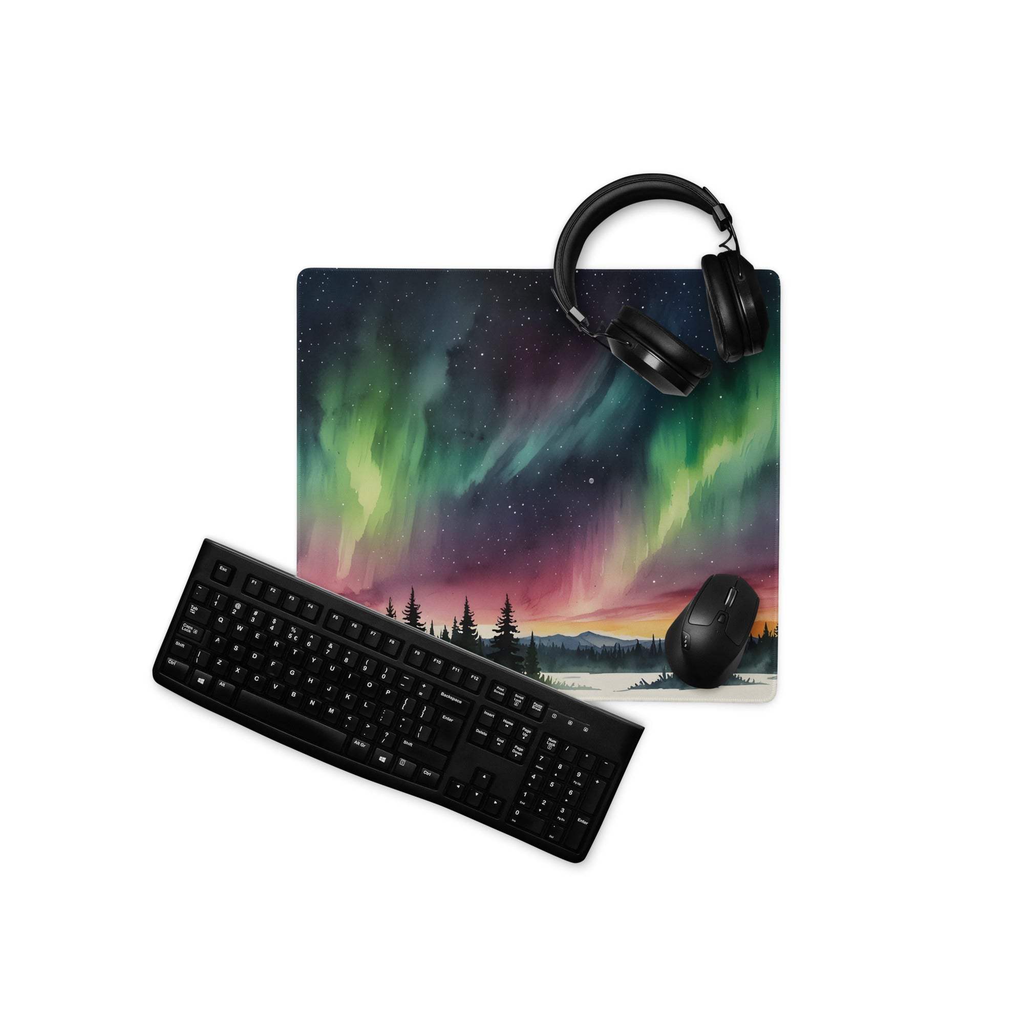 Vibrant aurora borealis gaming mouse pad with forest, non-slip stitching