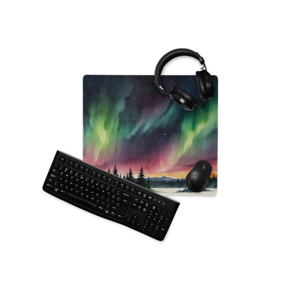 Vibrant aurora borealis gaming mouse pad with forest, non-slip stitching