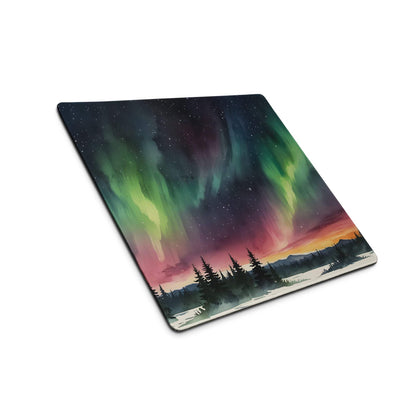 Vibrant aurora borealis forest mouse pad with non-slip edge stitching
