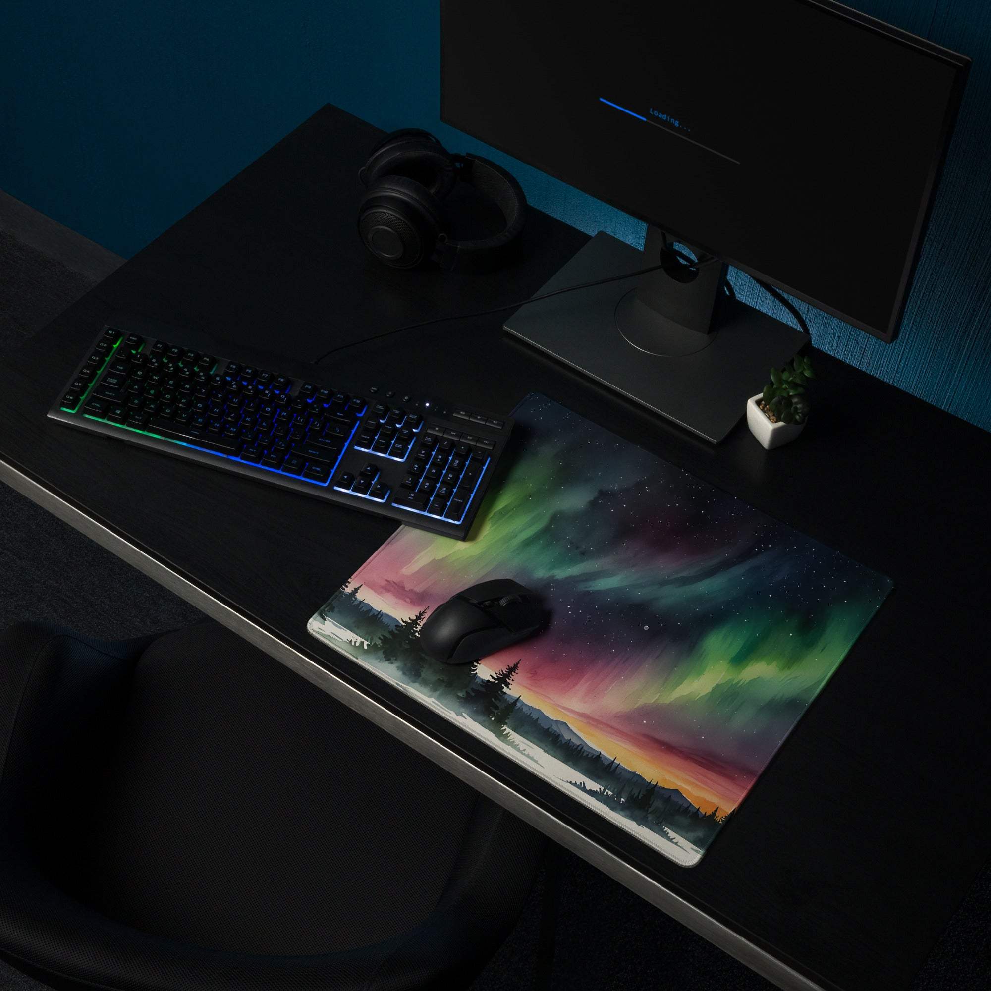 Vibrant aurora borealis forest gaming mouse pad with non-slip stitching