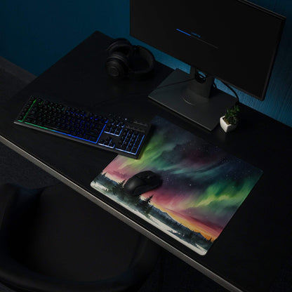 Vibrant aurora borealis forest gaming mouse pad with non-slip stitching
