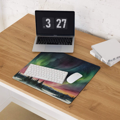 Vibrant aurora borealis gaming mouse pad with forest landscape, non-slip stitching