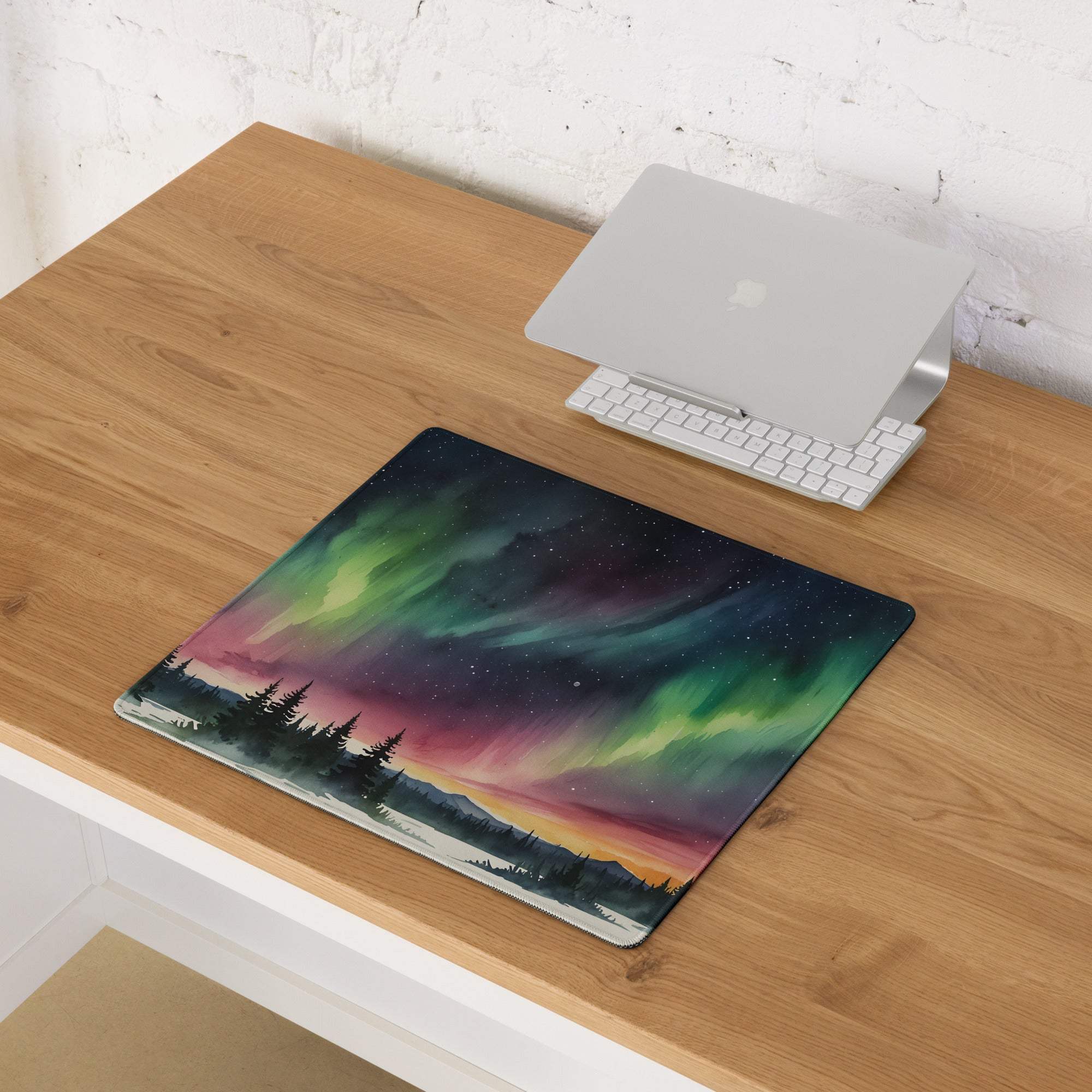 Artistic aurora borealis forest gaming mouse pad with vibrant night sky