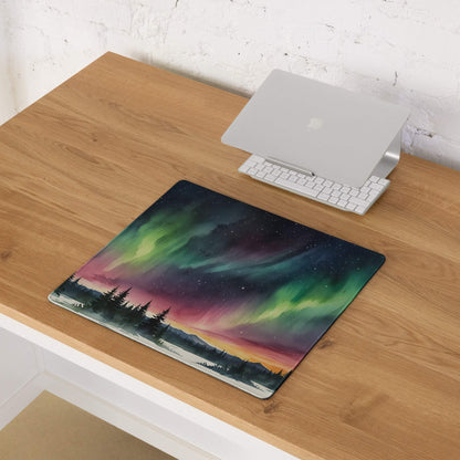 Artistic aurora borealis forest gaming mouse pad with vibrant night sky