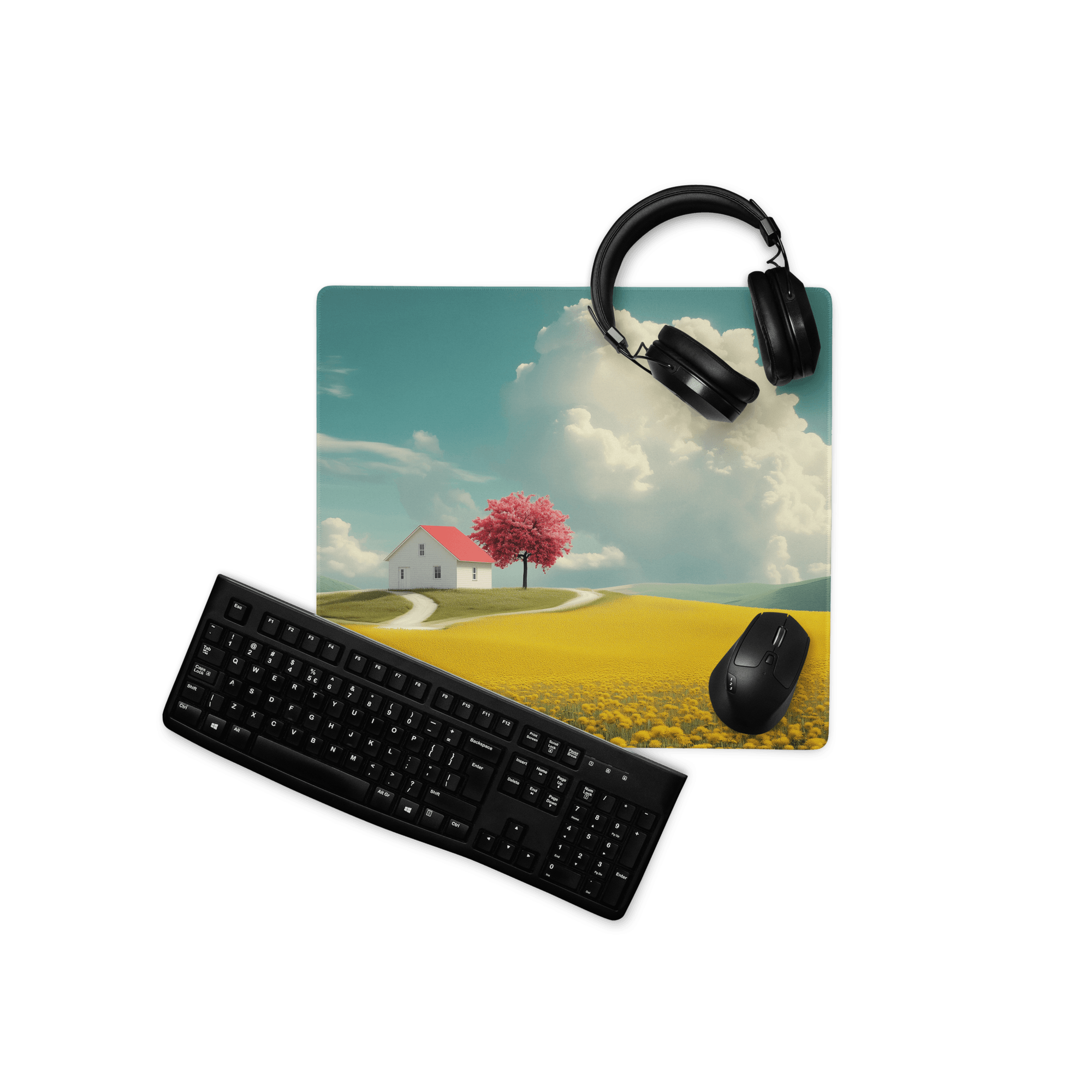 Dreamy landscape gaming mouse pad with white house, pink tree, yellow field