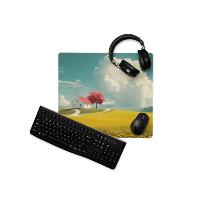 Dreamy landscape gaming mouse pad with white house, pink tree, yellow field