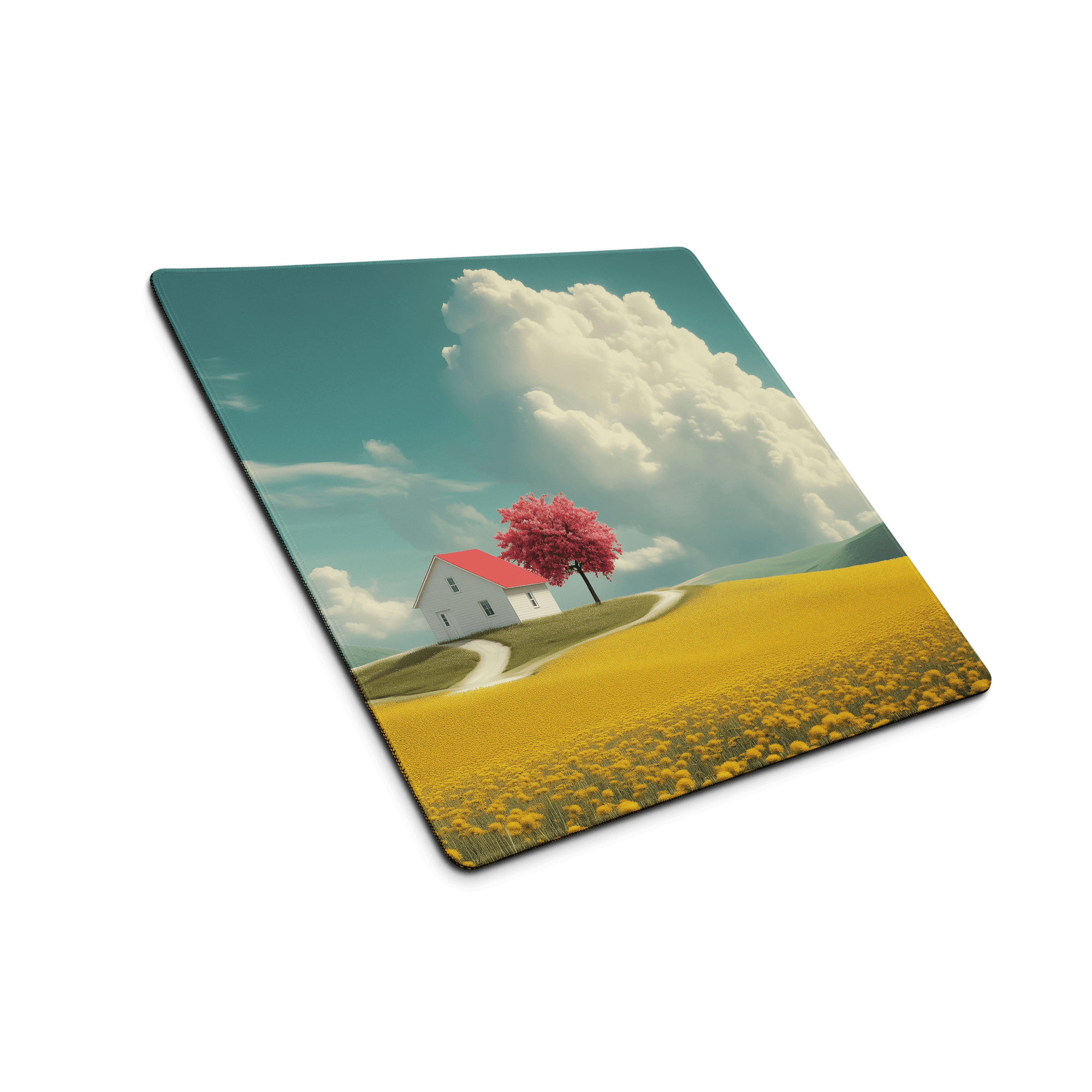 Dreamy landscape gaming mouse pad with white house, red tree, golden fields