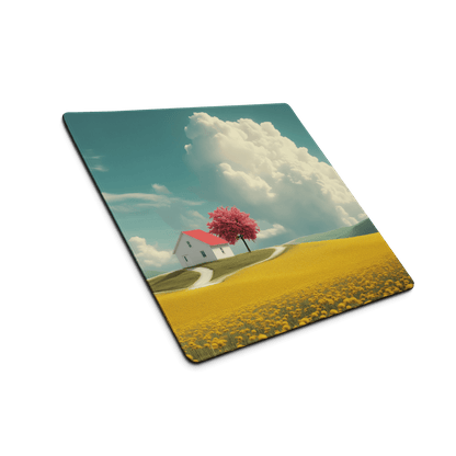 Dreamy landscape gaming mouse pad with white house, red tree, golden fields