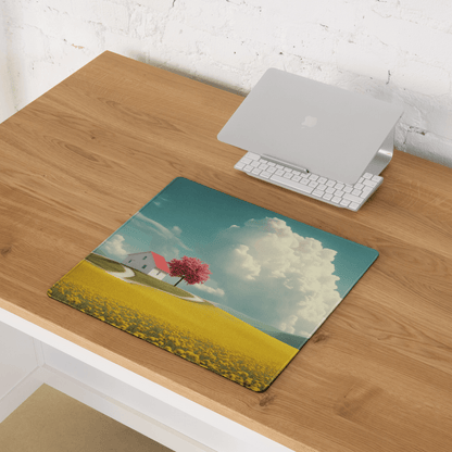 Dreamy landscape gaming mouse pad with white house red tree yellow field