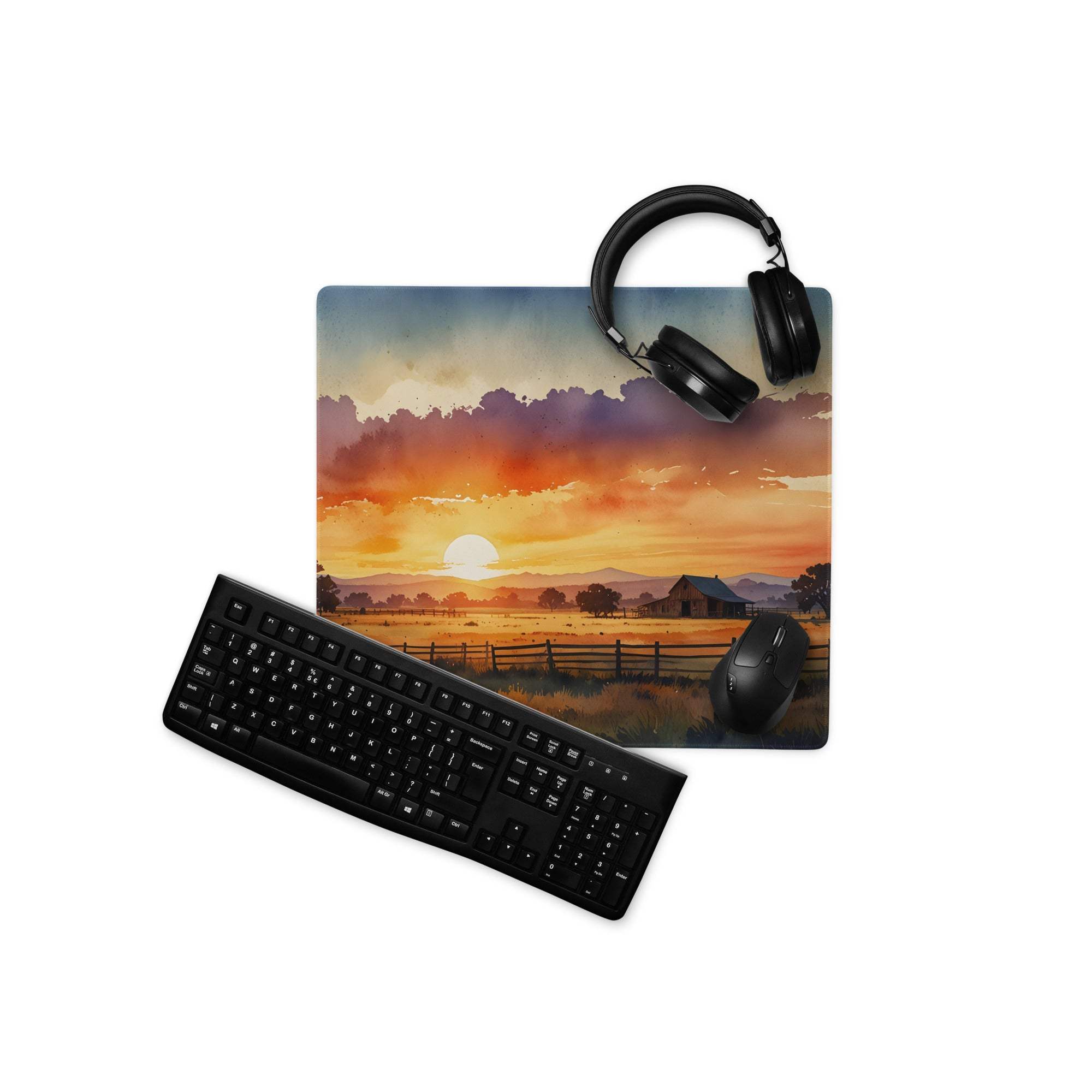 Warm sunset rural watercolor mousepad with non-slip backing, large gaming size