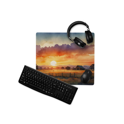 Warm sunset rural watercolor mousepad with non-slip backing, large gaming size