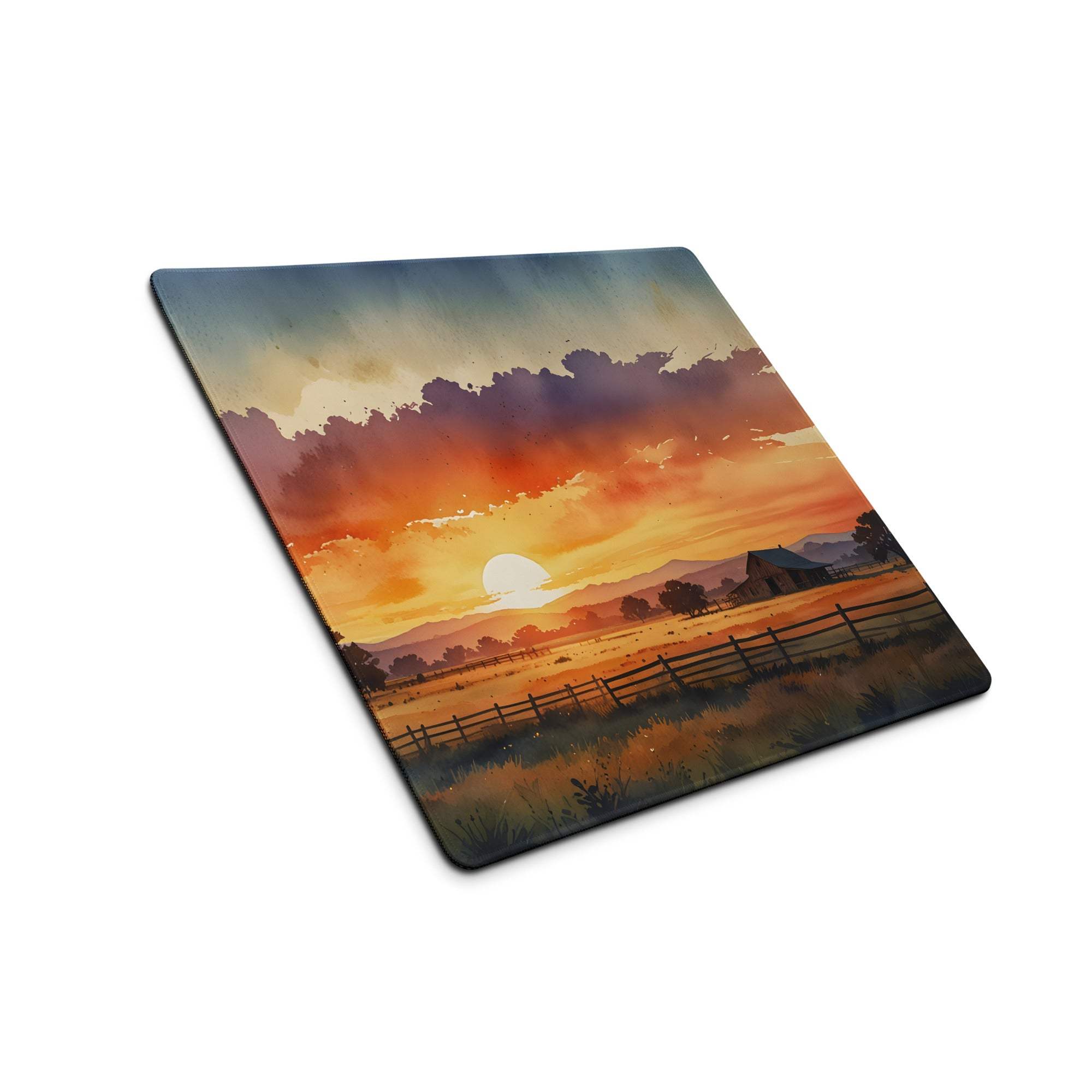 Square watercolor sunset rural landscape gaming mouse pad with barn