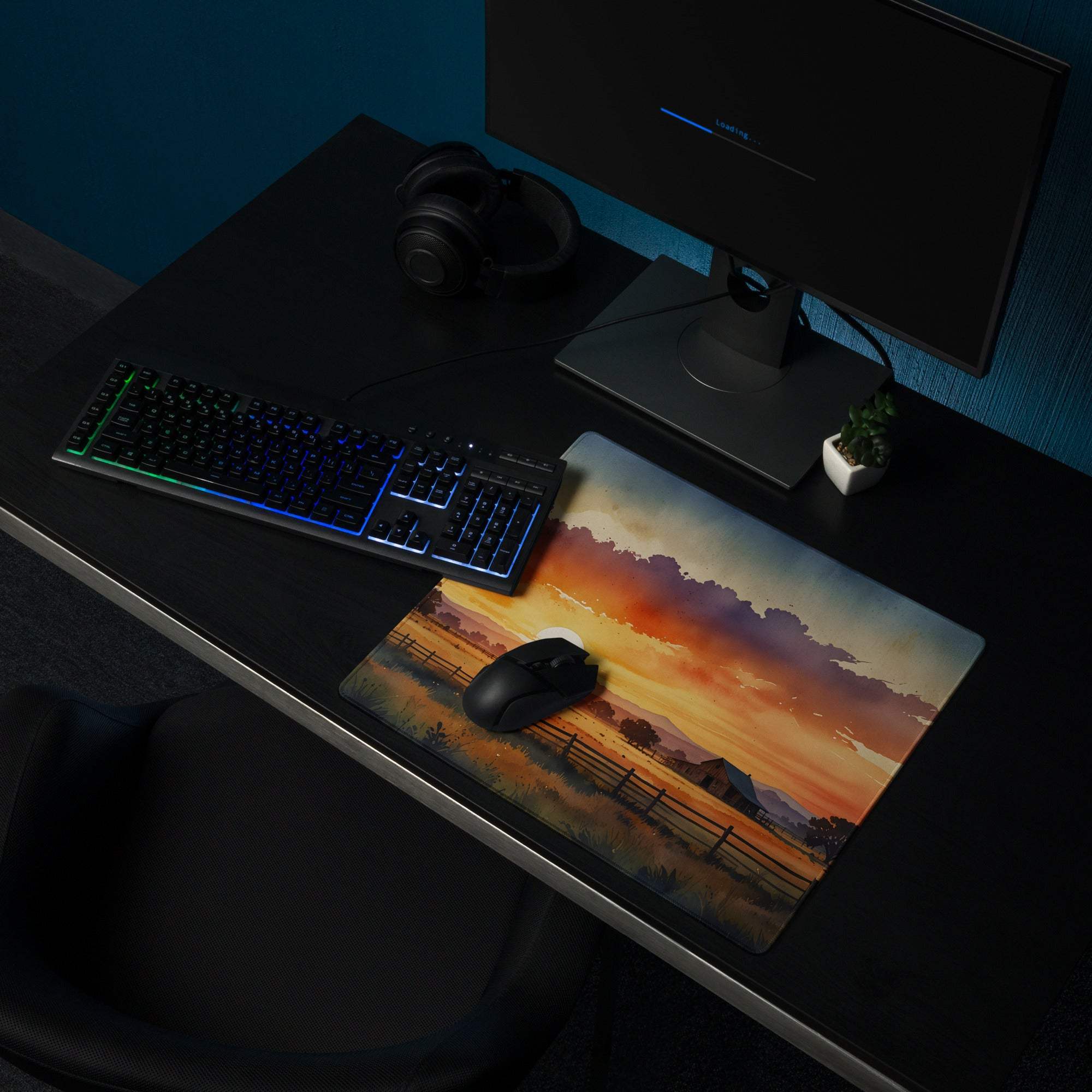 Warm sunset rural landscape large gaming mouse pad with vibrant orange purple hues