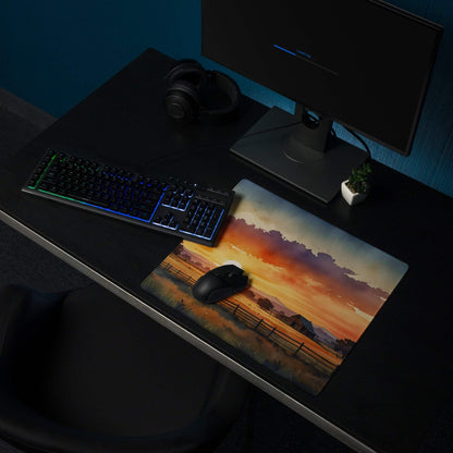 Warm sunset rural landscape large gaming mouse pad with vibrant orange purple hues
