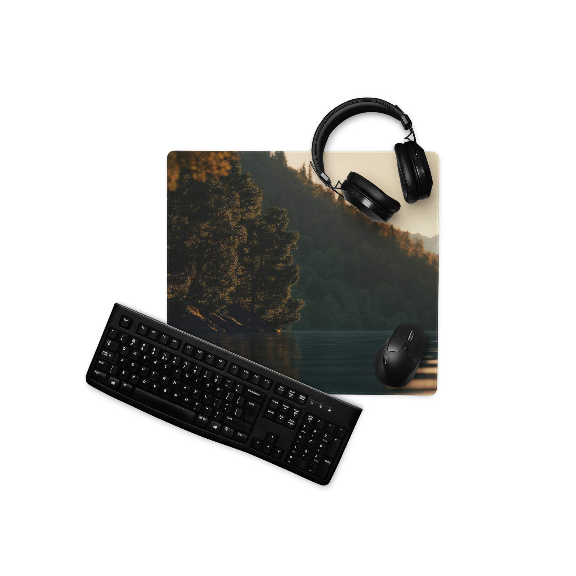 Black gaming keyboard mouse on premium large Dota CSGO mousepad with headphones