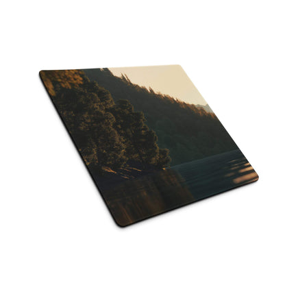 Premium large gaming mouse pad with serene lakeside sunset scene