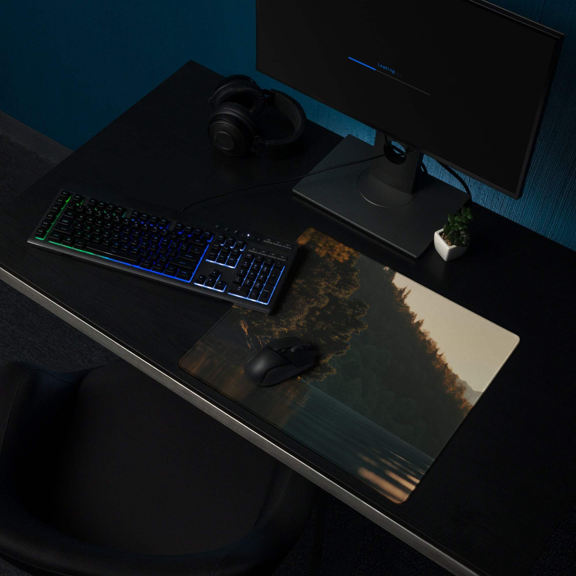 Premium large gaming mouse pad with scenic forest lake print on black desk