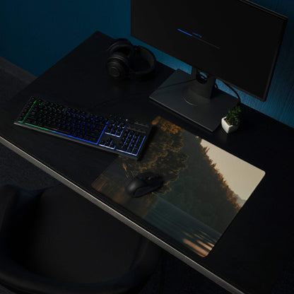 Premium large gaming mouse pad with scenic forest lake print on black desk
